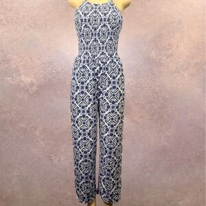 Patrons of Peace | Smocked Halter Jumpsuit | Blue White Medallion | S